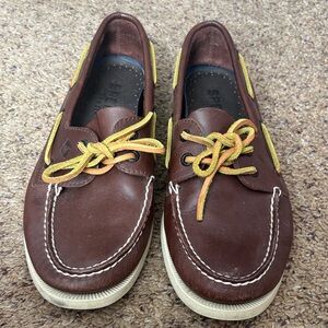 Sperry Brown Leather Boat Shoes with Yellow Laces
